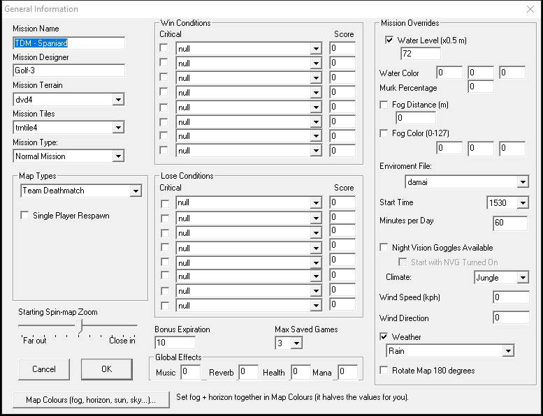 MED General Information with the Map Colours button at the bottom left and the Fog Color (0-127) box on the right