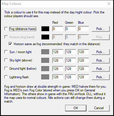 The Map Colours window: Fog, Horizon, Horizon same as fog, Sun / moon light, Sky light, Ground light, Lightning flash