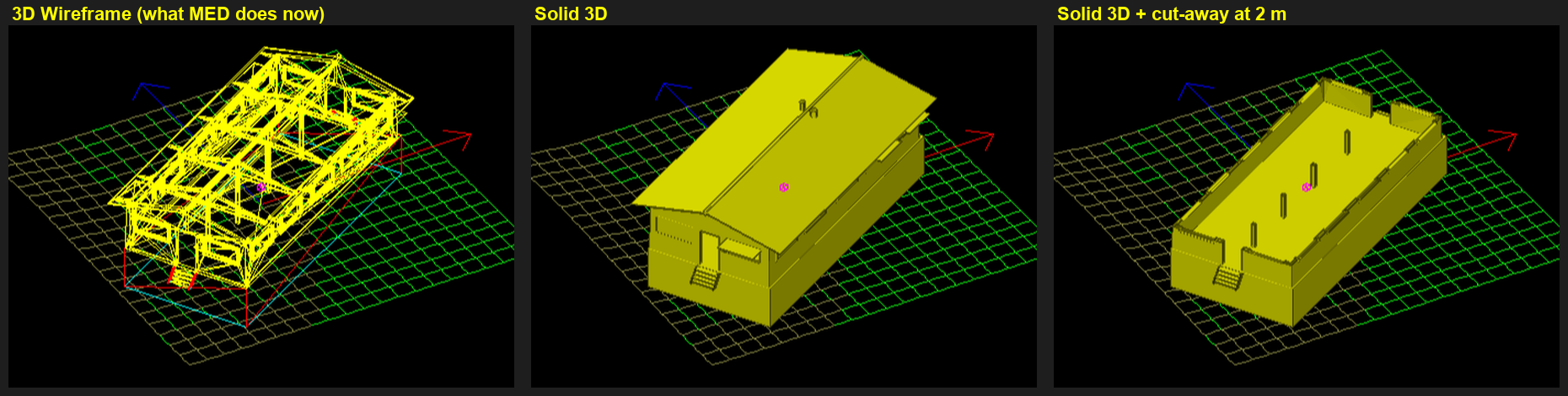 The same barracks in 3D Wireframe, Solid 3D, and Solid 3D with the cut-away at 2 m showing the hall inside