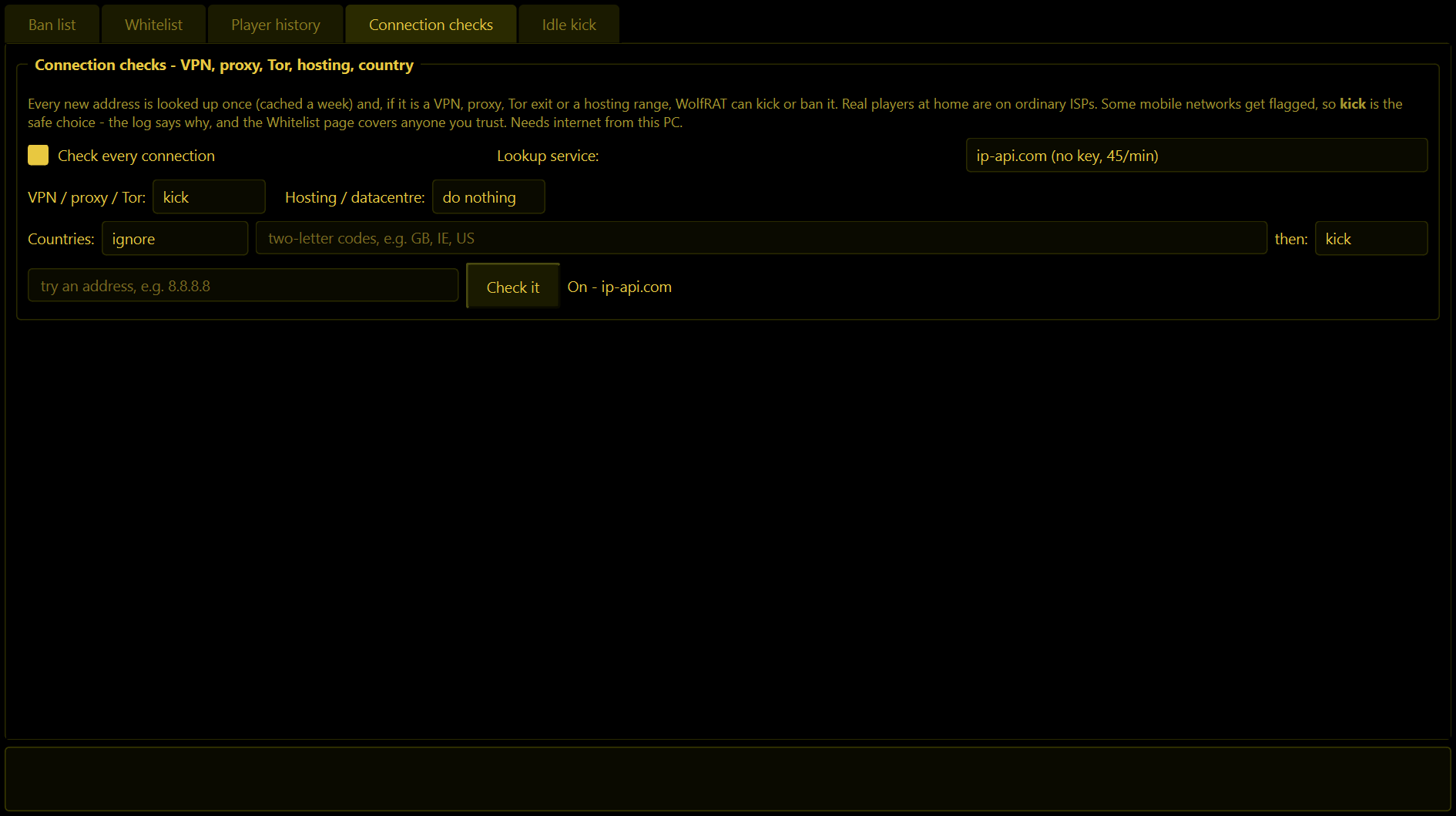 The Bans tab, Connection checks page