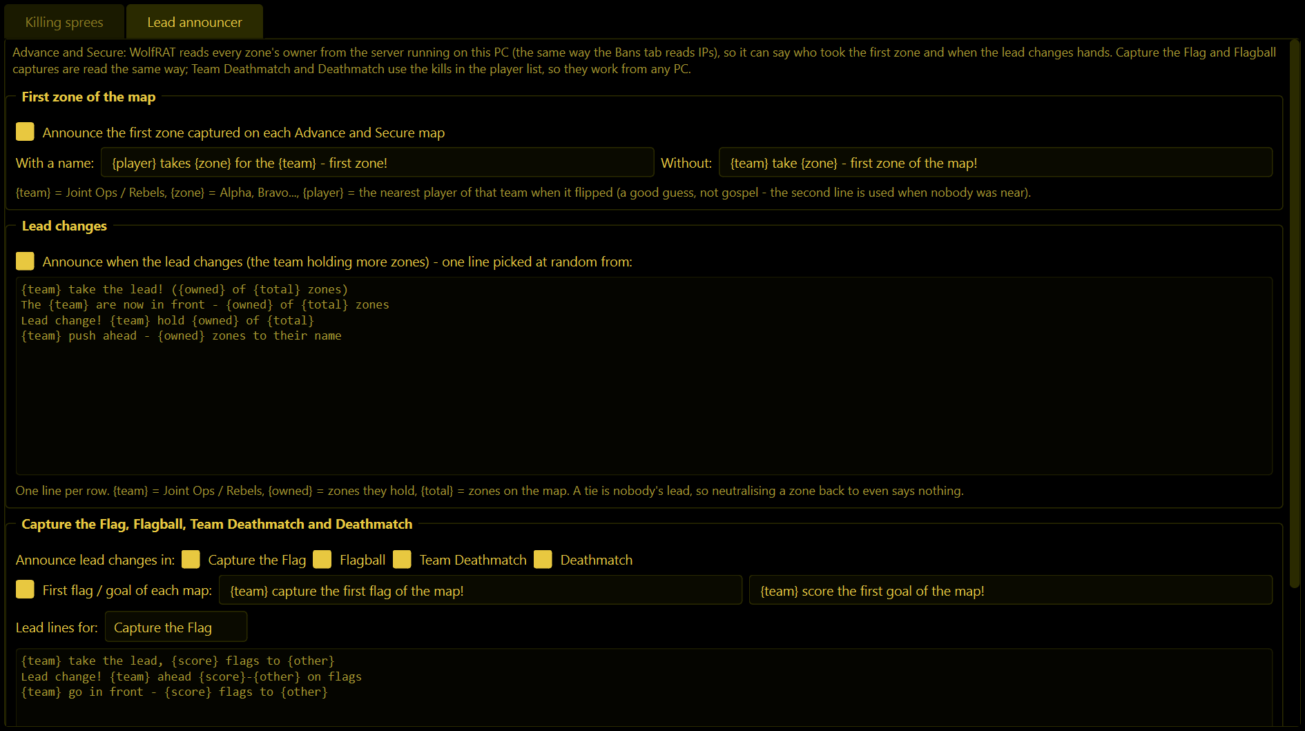 The Sprees tab, Lead announcer page