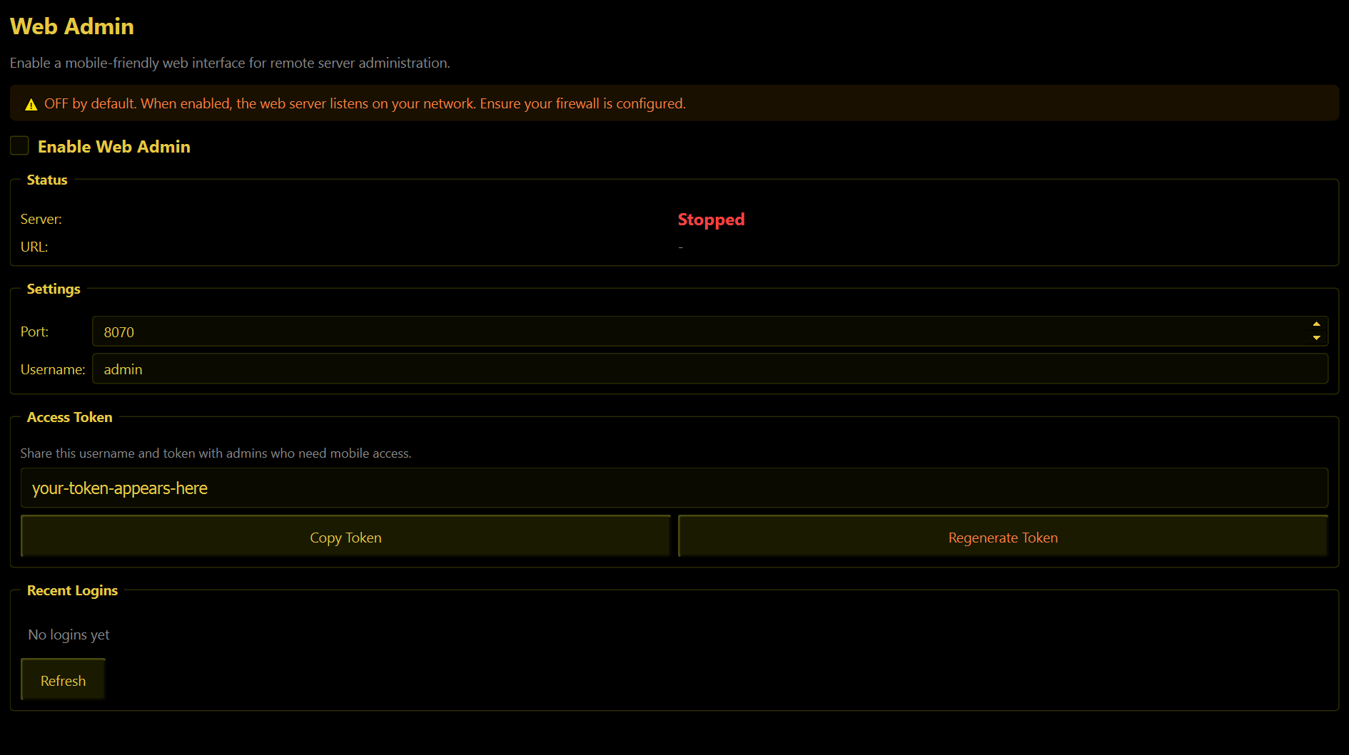 The Web Admin tab